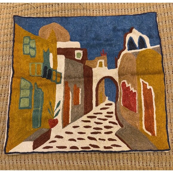 Handcrafted Chain Stitched Cotton Pillow Cover With Colorful Village Scene - Picture 1 of 6